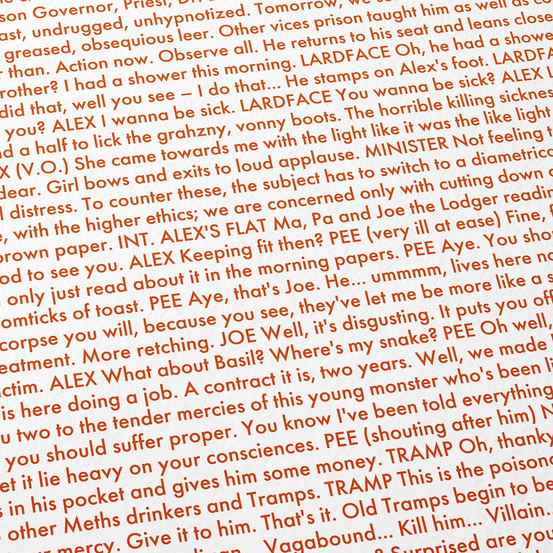 Close-up detail of the A Clockwork Orange movie script poster showing dense typographic text.