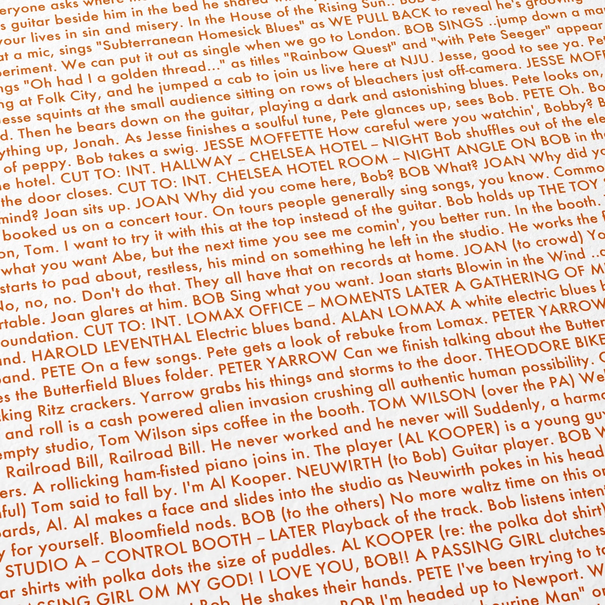 Close-up detail of the A Complete Unknown movie script poster showing dense typographic text.