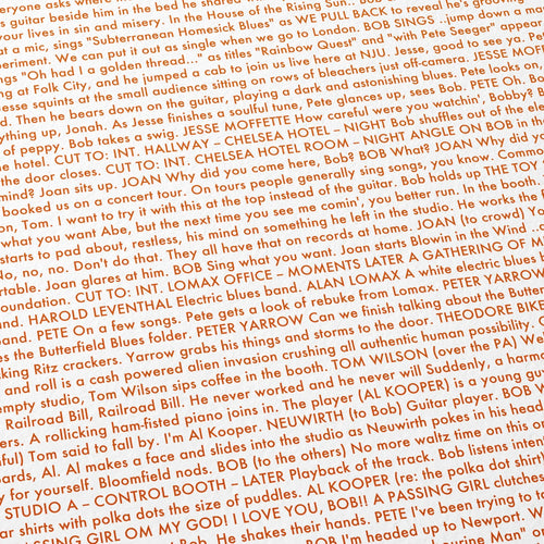 Close-up detail of the A Complete Unknown movie script poster showing dense typographic text.