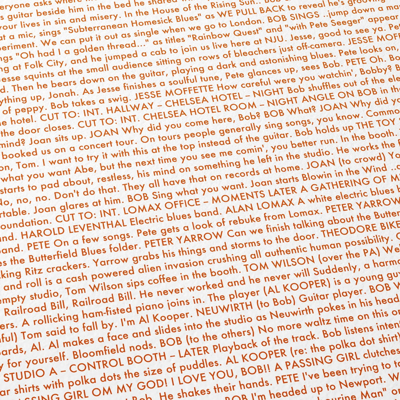 Close-up detail of the A Complete Unknown movie script poster showing dense typographic text.