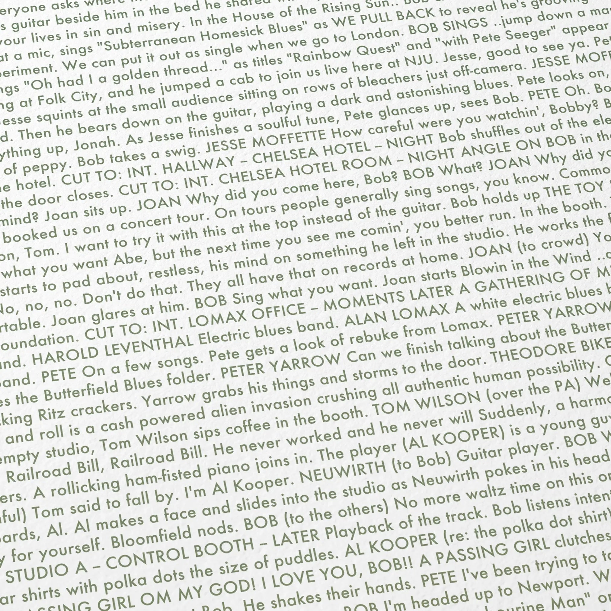 Close-up detail of the A Complete Unknown movie script poster showing dense typographic text.