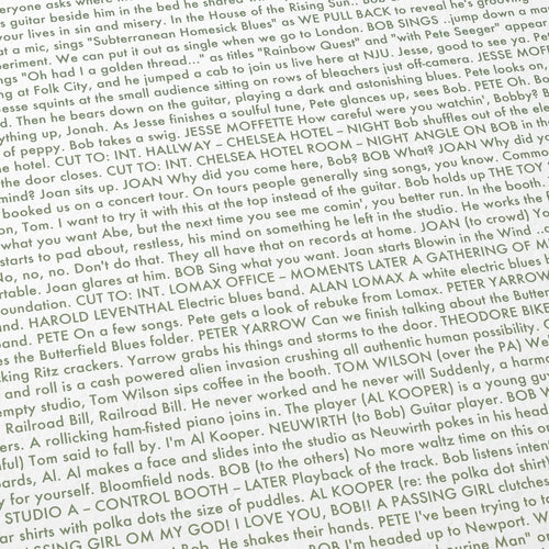 Close-up detail of the A Complete Unknown movie script poster showing dense typographic text.
