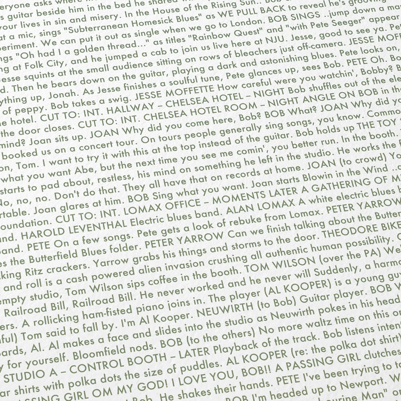 Close-up detail of the A Complete Unknown movie script poster showing dense typographic text.