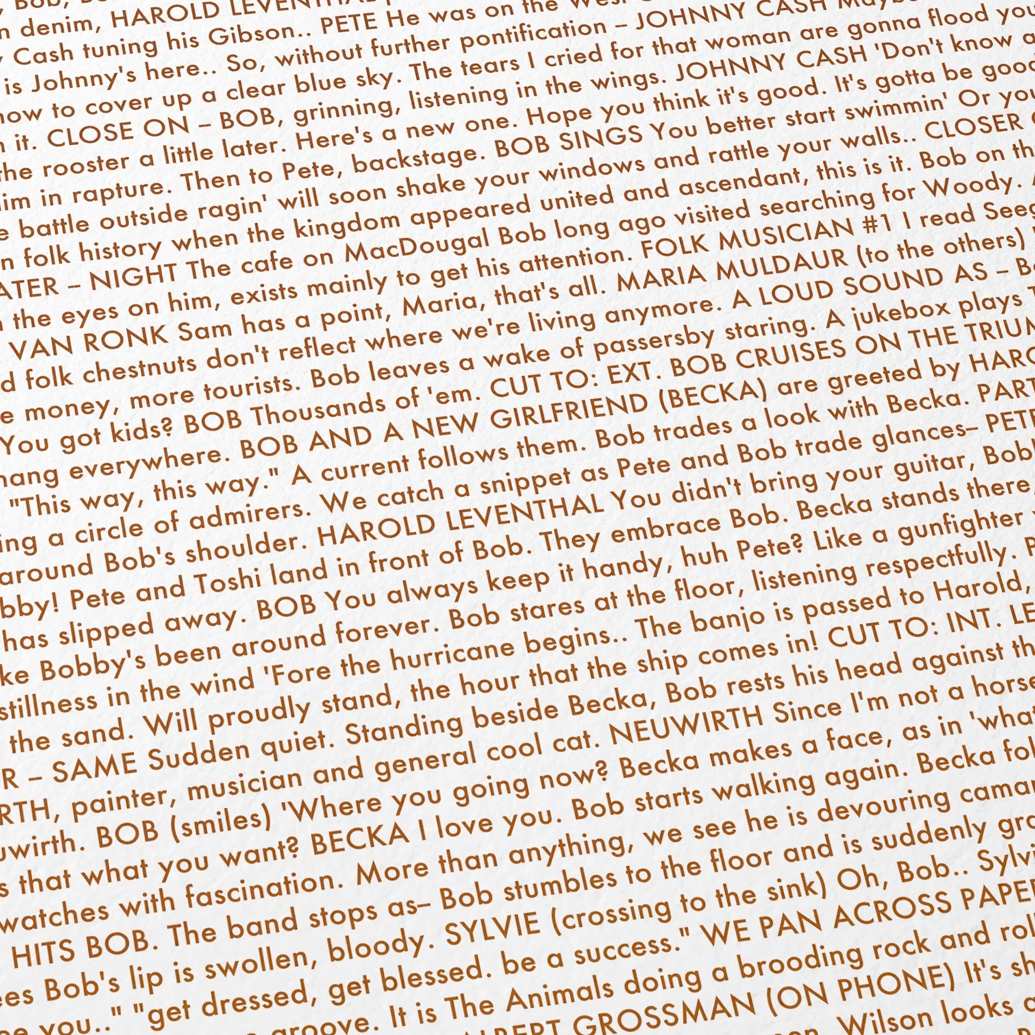 Close-up detail of the A Complete Unknown movie script poster showing dense typographic text.