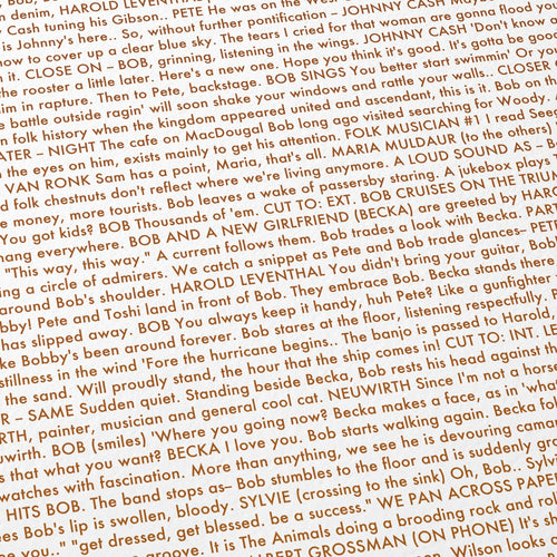 Close-up detail of the A Complete Unknown movie script poster showing dense typographic text.