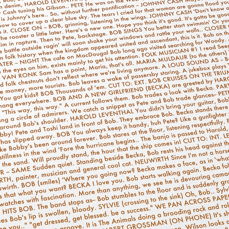 Close-up detail of the A Complete Unknown movie script poster showing dense typographic text.
