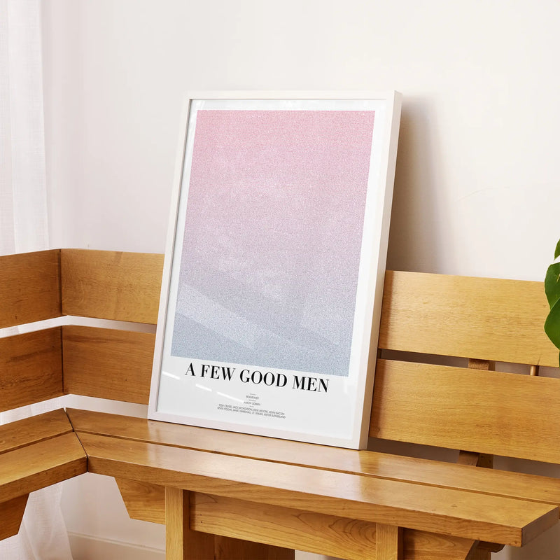 A framed A Few Good Men movie script poster displayed on a sideboard in a contemporary space.