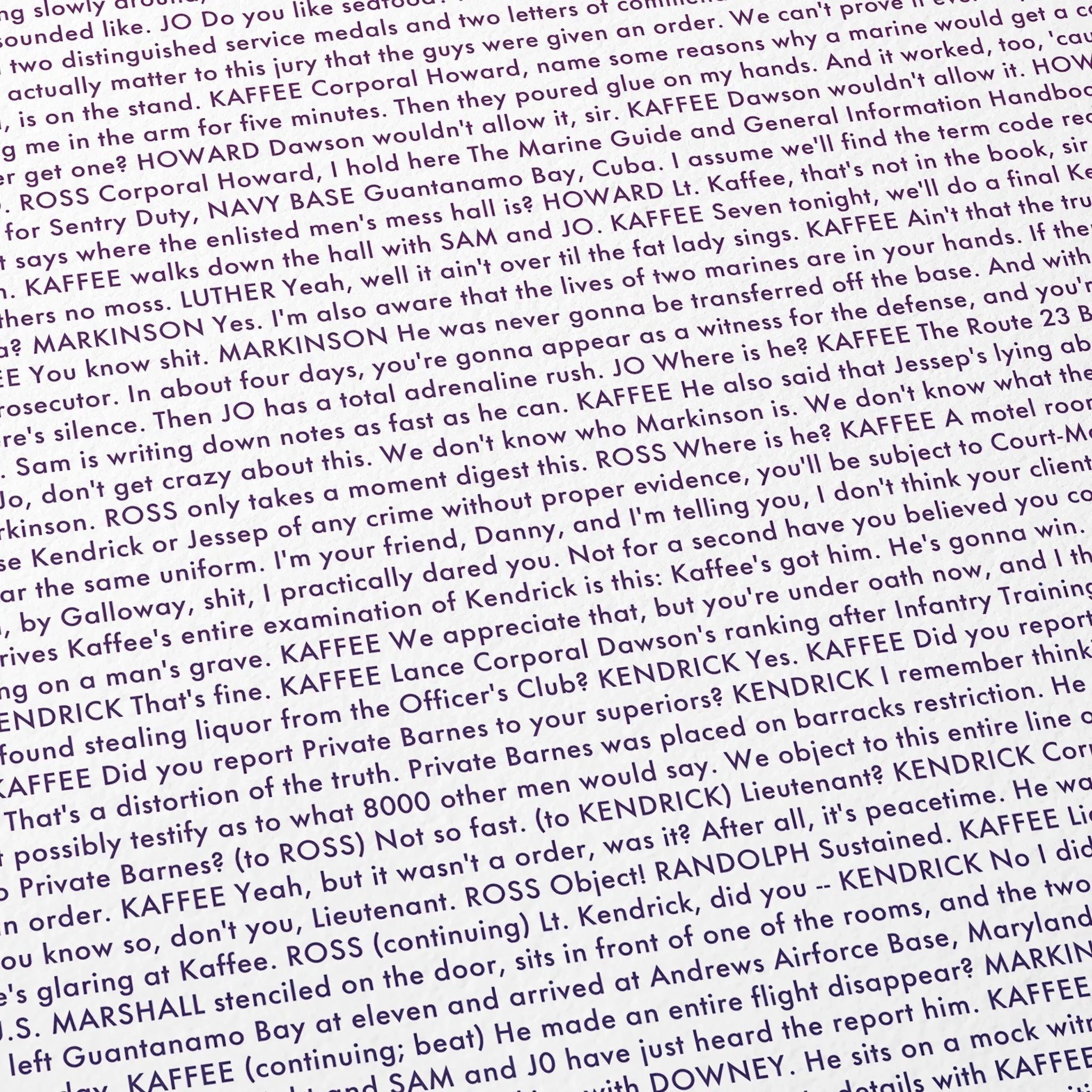 Close-up detail of the A Few Good Men movie script poster showing dense typographic text.