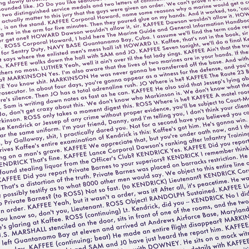 Close-up detail of the A Few Good Men movie script poster showing dense typographic text.