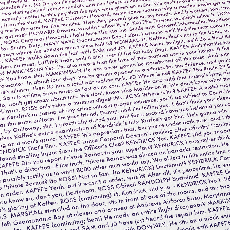Close-up detail of the A Few Good Men movie script poster showing dense typographic text.