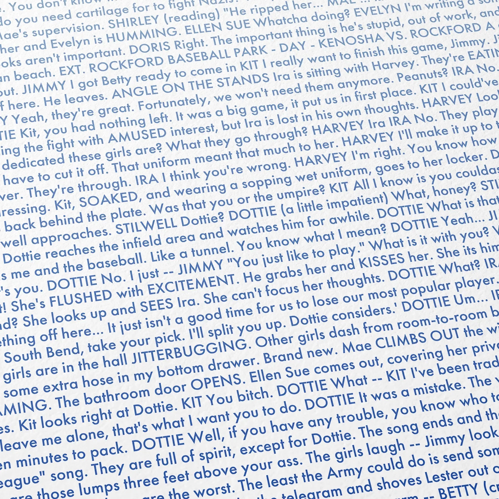 Close-up detail of the A League of Their Own movie script poster showing dense typographic text.