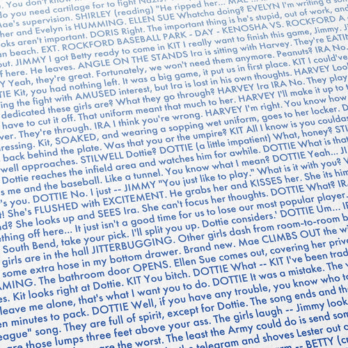 Close-up detail of the A League of Their Own movie script poster showing dense typographic text.