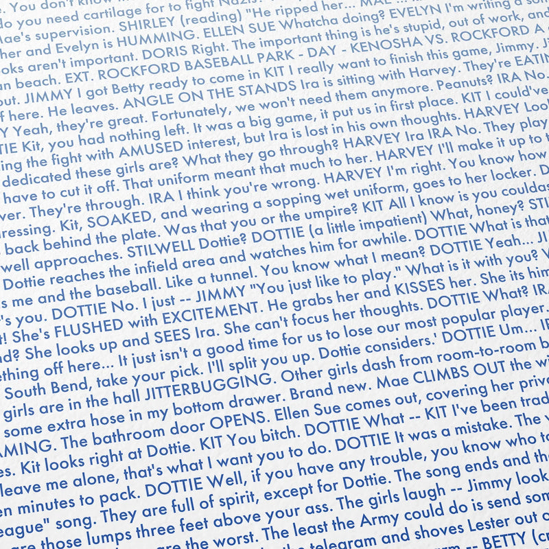Close-up detail of the A League of Their Own movie script poster showing dense typographic text.
