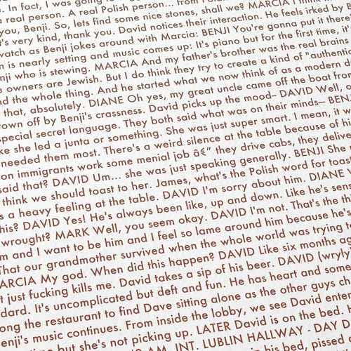 Close-up detail of the A Real Pain movie script poster showing dense typographic text.