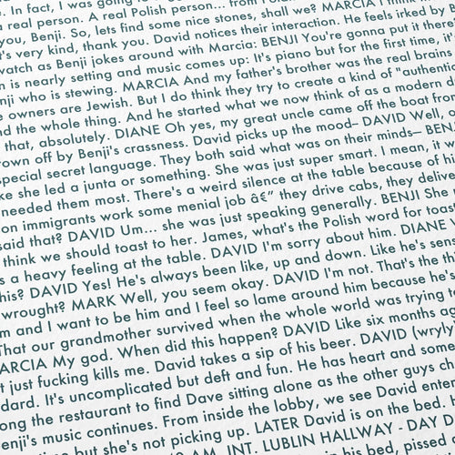 Close-up detail of the A Real Pain movie script poster showing dense typographic text.