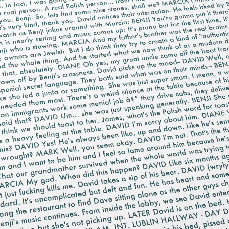 Close-up detail of the A Real Pain movie script poster showing dense typographic text.