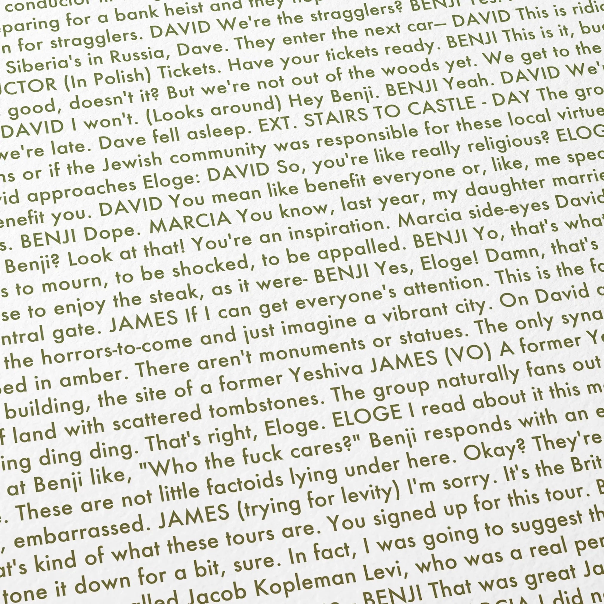 Close-up detail of the A Real Pain movie script poster showing dense typographic text.