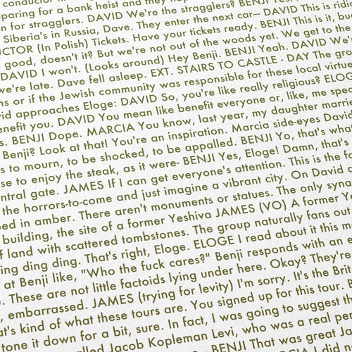 Close-up detail of the A Real Pain movie script poster showing dense typographic text.