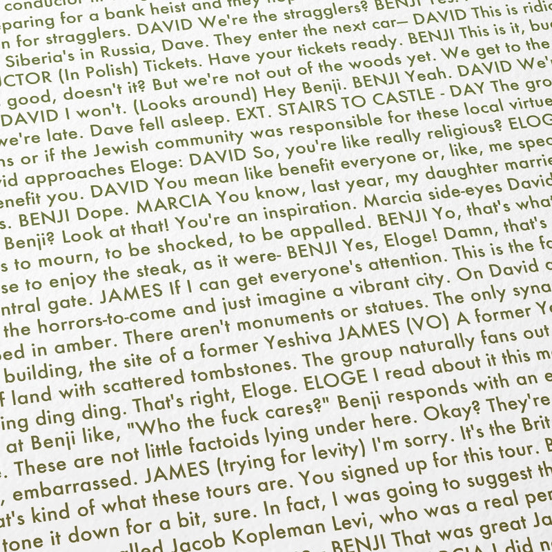 Close-up detail of the A Real Pain movie script poster showing dense typographic text.