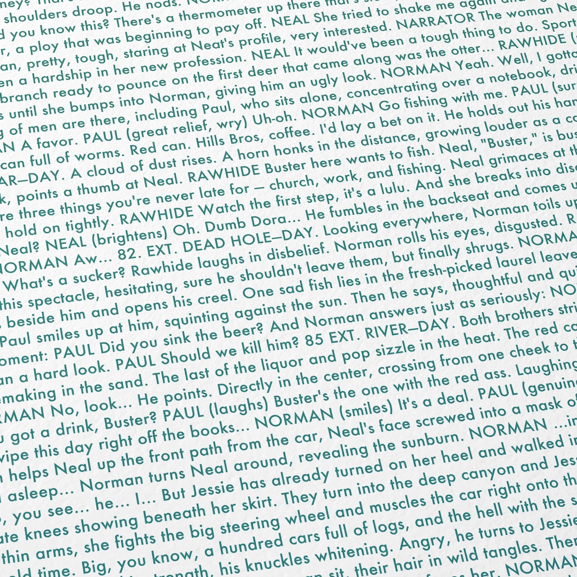 Close-up detail of the A River Runs Through It movie script poster showing dense typographic text.