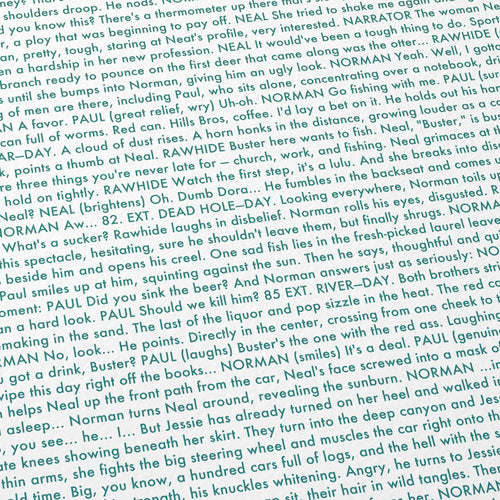 Close-up detail of the A River Runs Through It movie script poster showing dense typographic text.