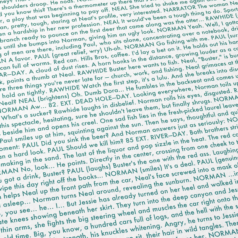 Close-up detail of the A River Runs Through It movie script poster showing dense typographic text.
