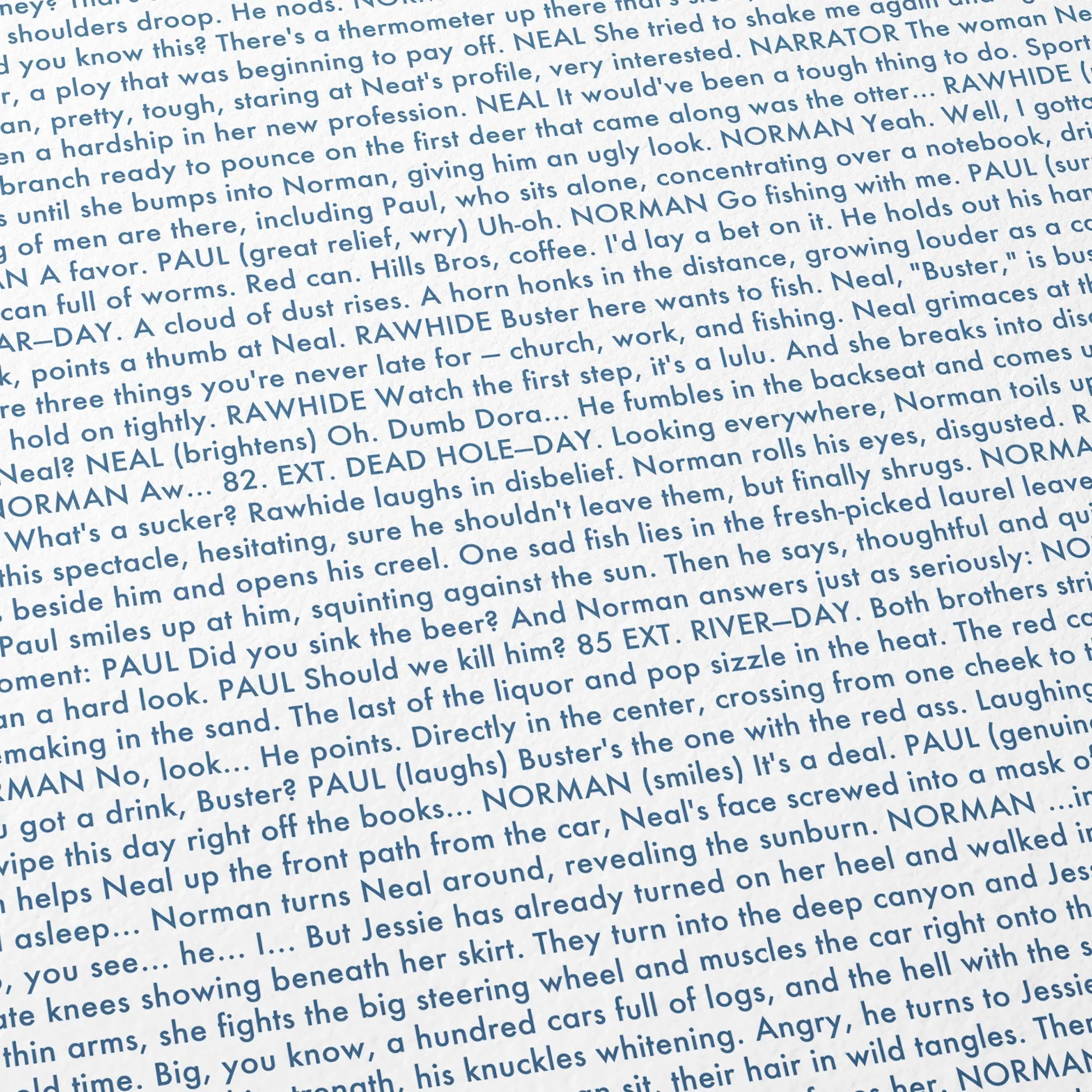 Close-up detail of the A River Runs Through It movie script poster showing dense typographic text.
