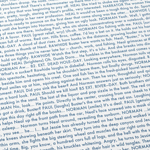 Close-up detail of the A River Runs Through It movie script poster showing dense typographic text.