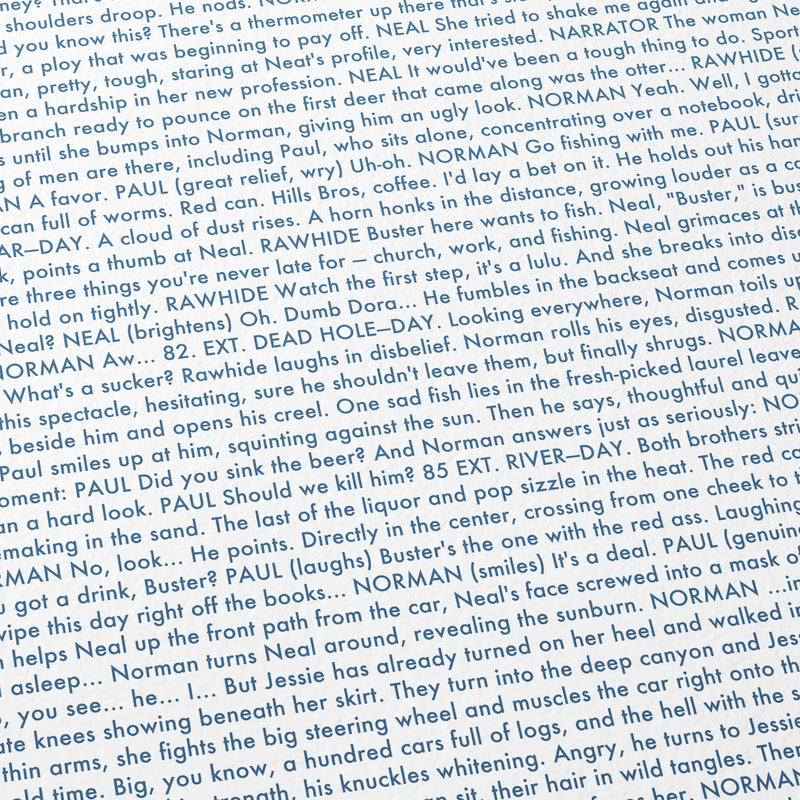 Close-up detail of the A River Runs Through It movie script poster showing dense typographic text.