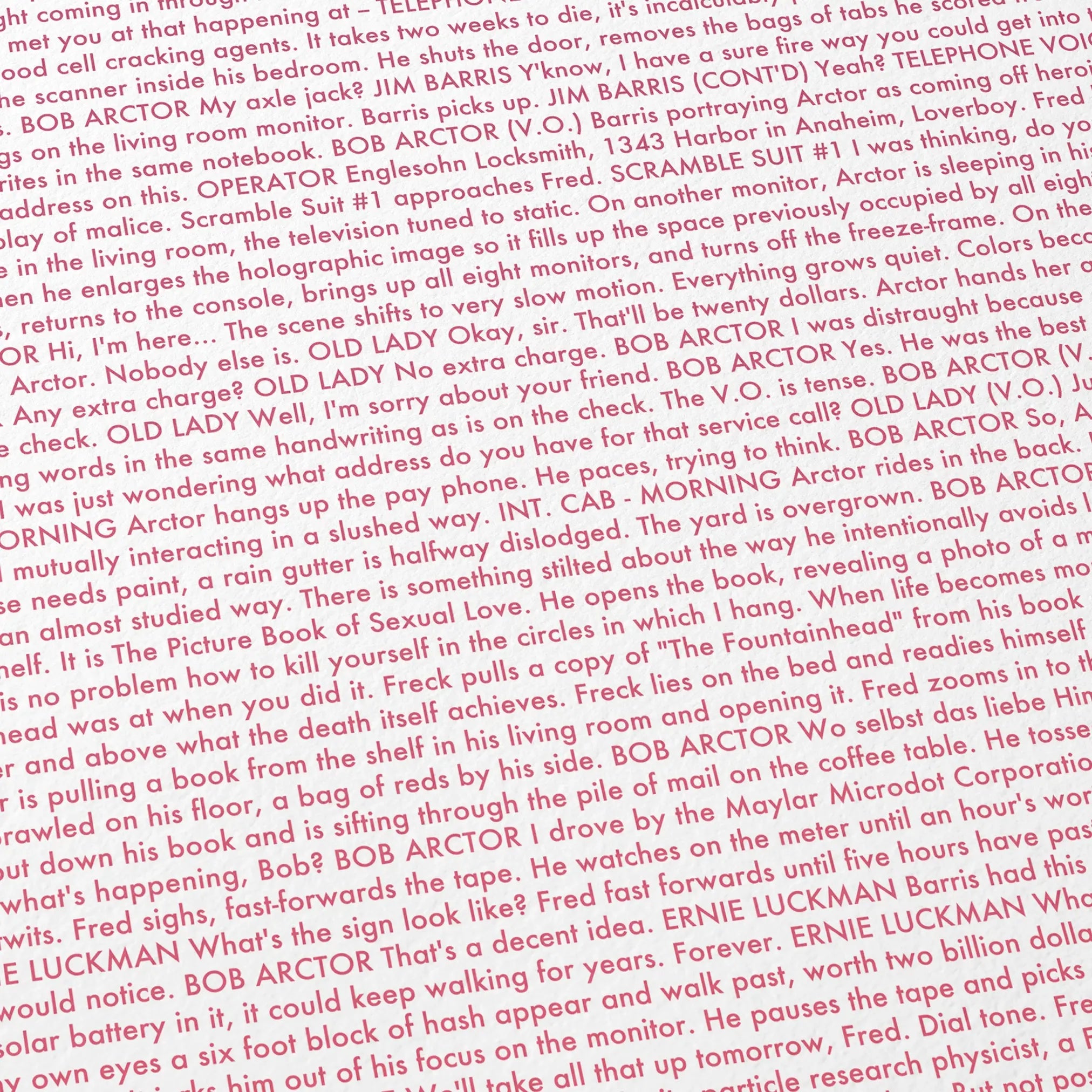 Close-up detail of the A Scanner Darkly movie script poster showing dense typographic text.