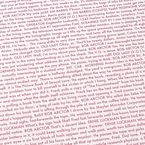 Close-up detail of the A Scanner Darkly movie script poster showing dense typographic text.