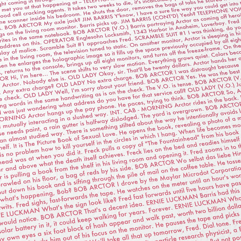 Close-up detail of the A Scanner Darkly movie script poster showing dense typographic text.