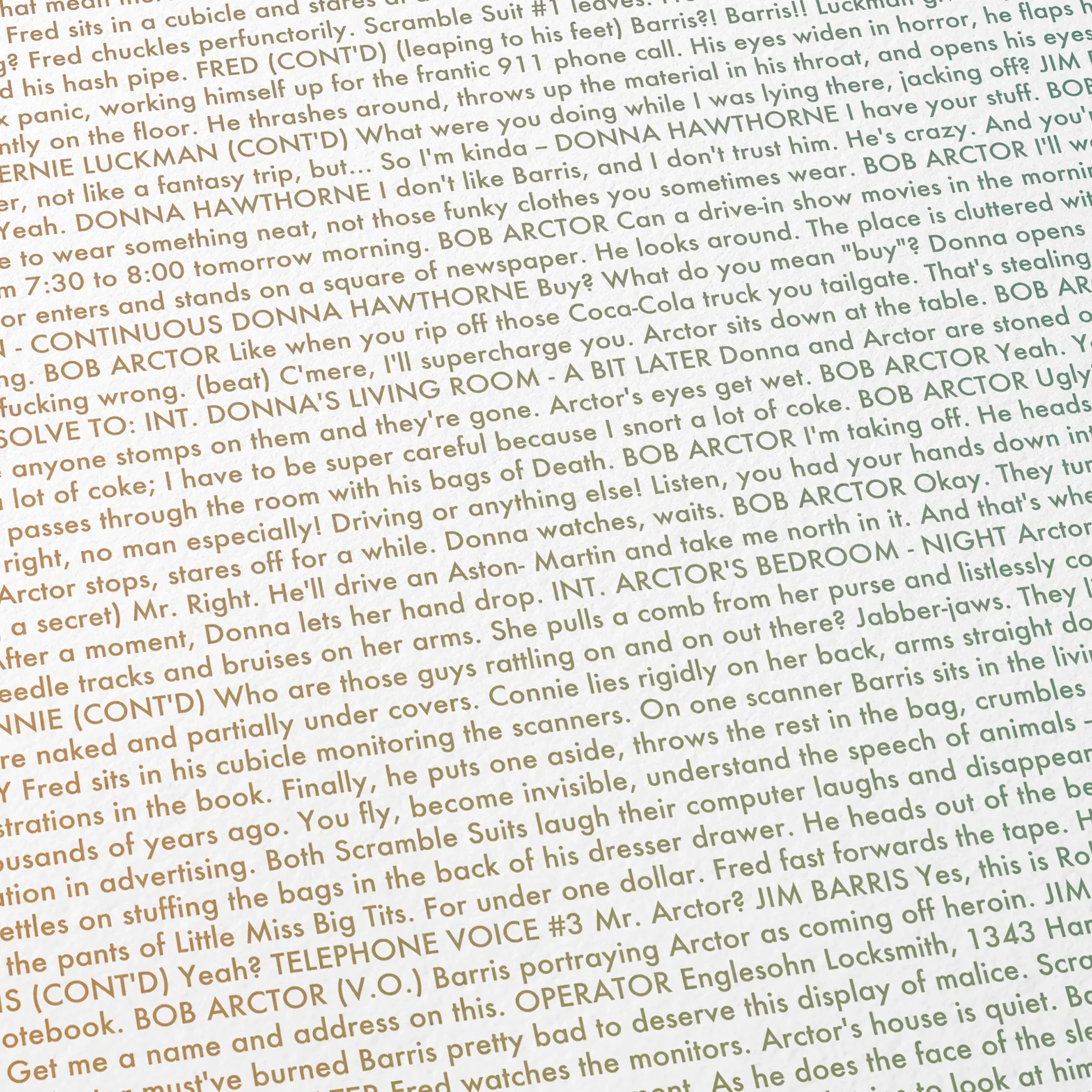 Close-up detail of the A Scanner Darkly movie script poster showing dense typographic text.