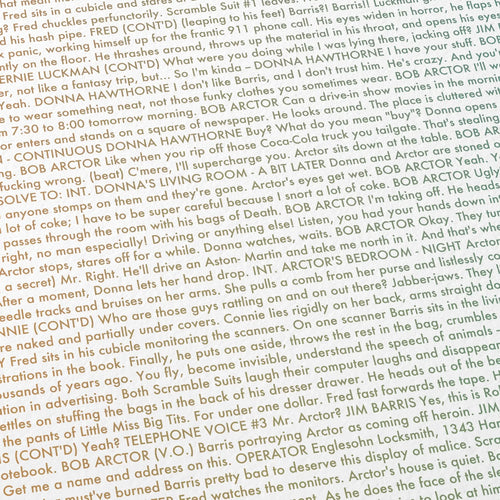 Close-up detail of the A Scanner Darkly movie script poster showing dense typographic text.