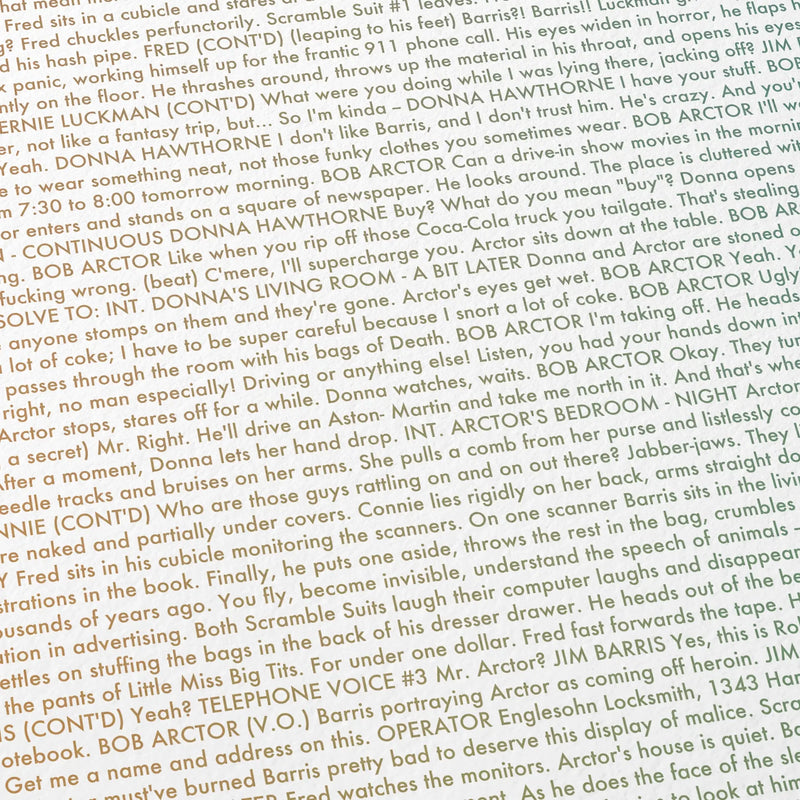 Close-up detail of the A Scanner Darkly movie script poster showing dense typographic text.