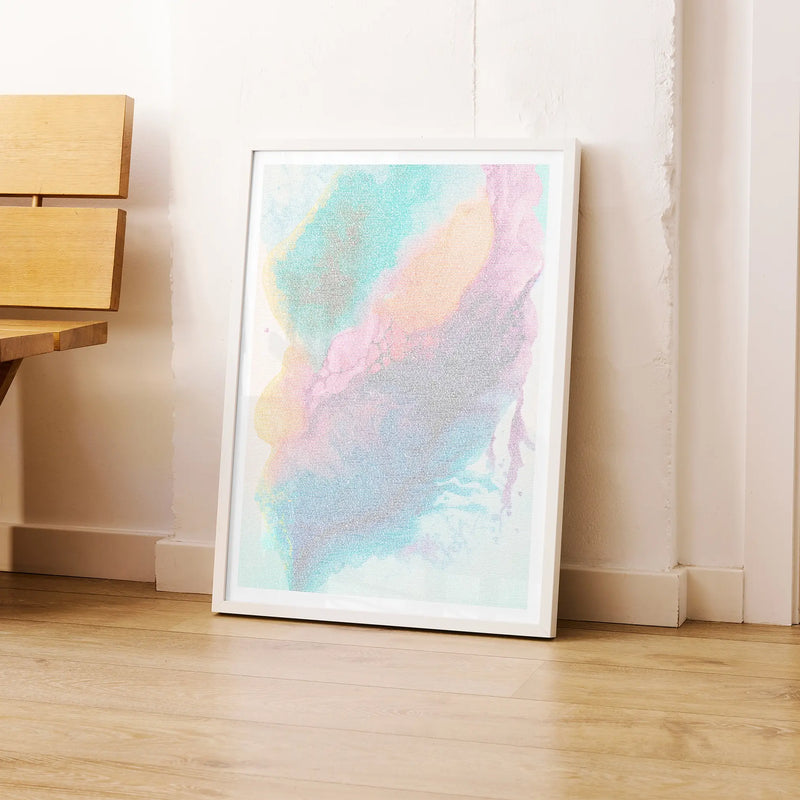A framed A Scanner Darkly movie script poster leaning against a wall in a modern interior.