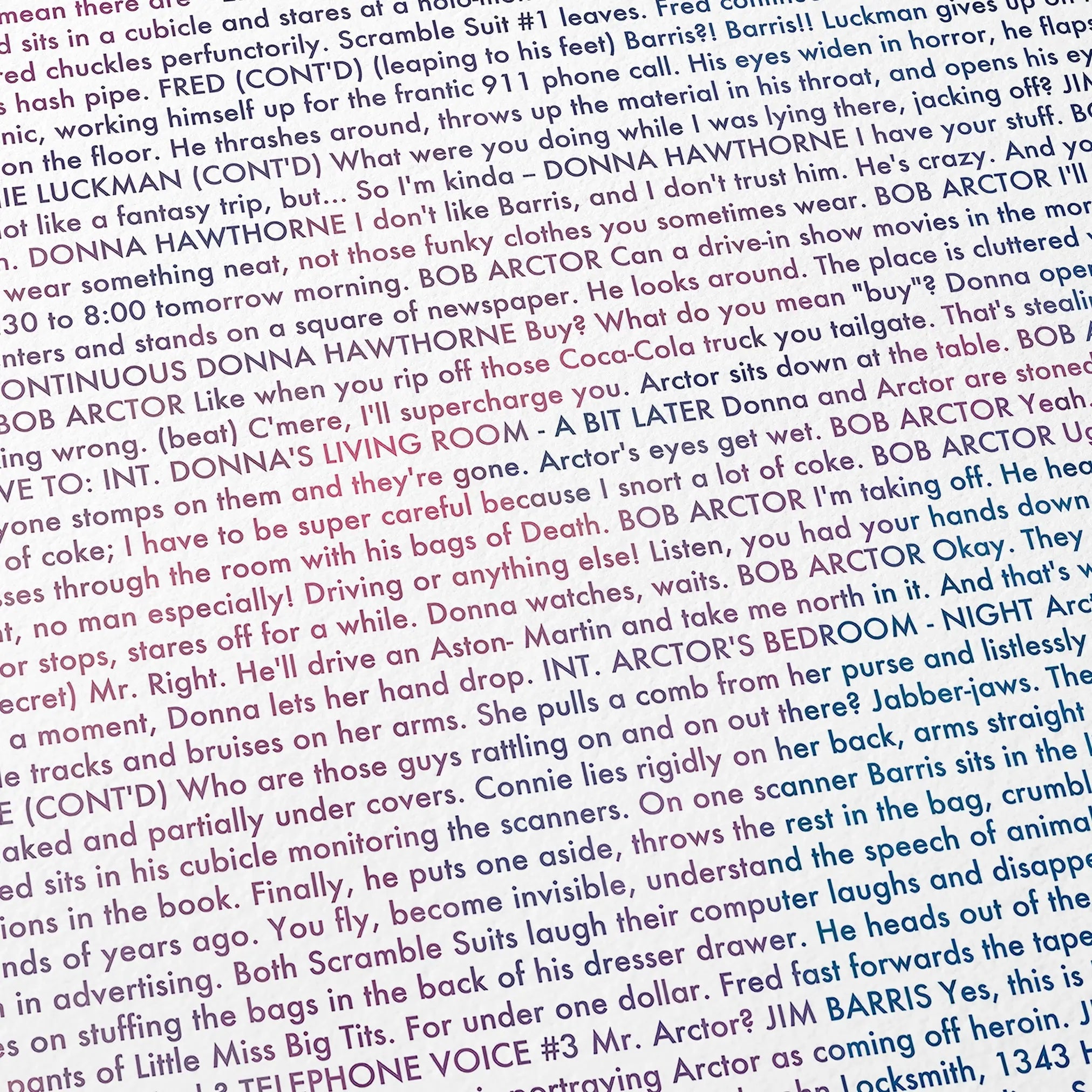 Close-up detail of the A Scanner Darkly movie script poster showing dense typographic text.