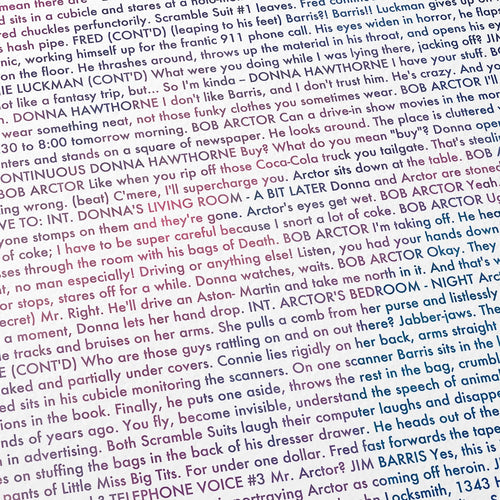 Close-up detail of the A Scanner Darkly movie script poster showing dense typographic text.