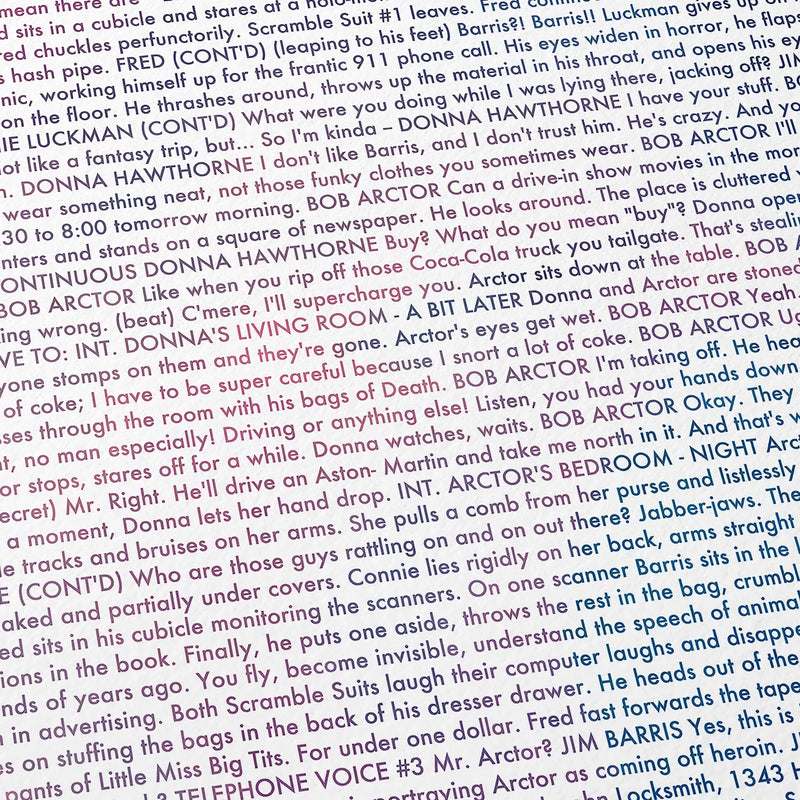 Close-up detail of the A Scanner Darkly movie script poster showing dense typographic text.
