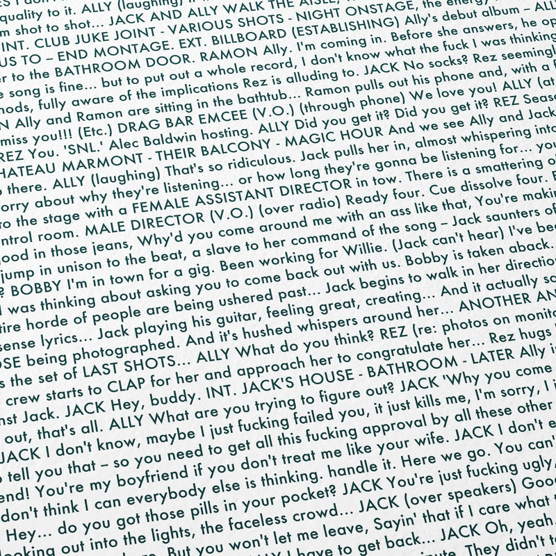 Close-up detail of the A Star is Born movie script poster showing dense typographic text.