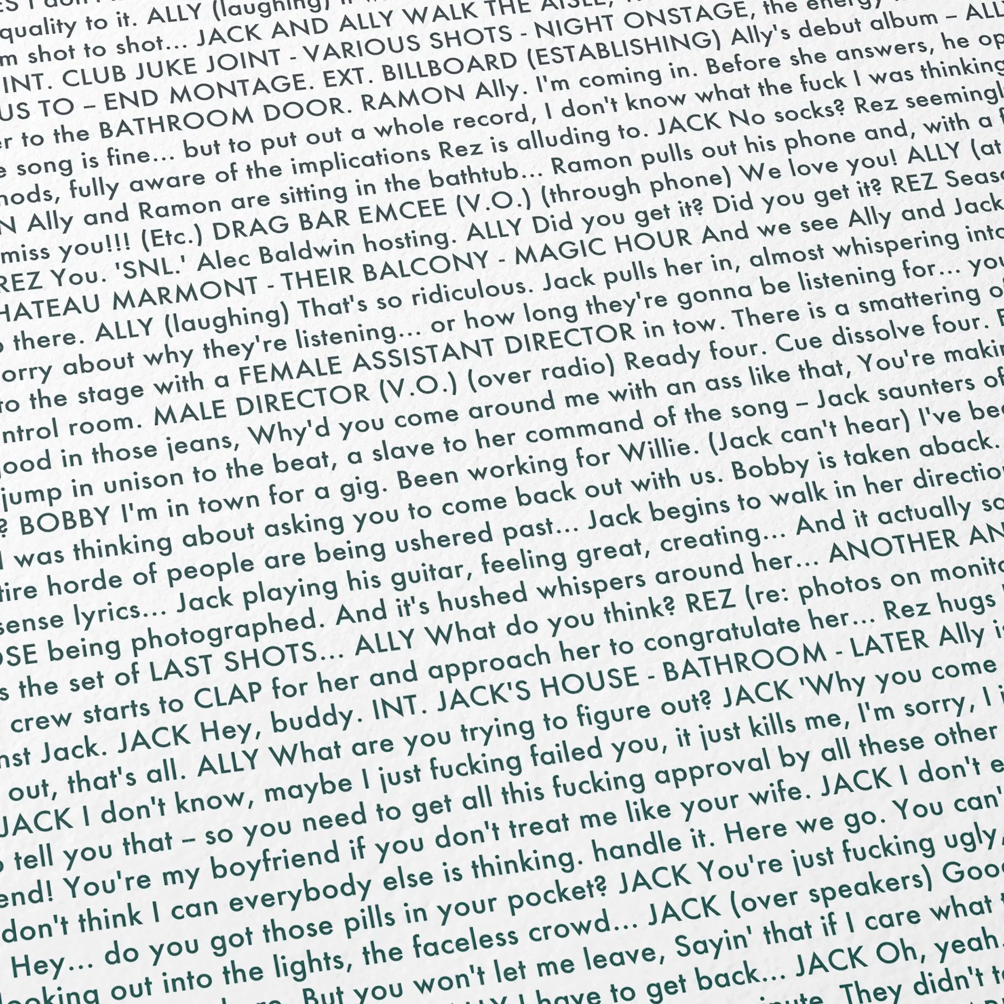 Close-up detail of the A Star is Born movie script poster showing dense typographic text.