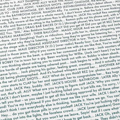 Close-up detail of the A Star is Born movie script poster showing dense typographic text.