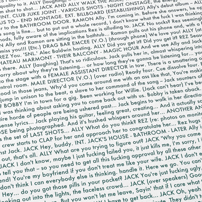 Close-up detail of the A Star is Born movie script poster showing dense typographic text.