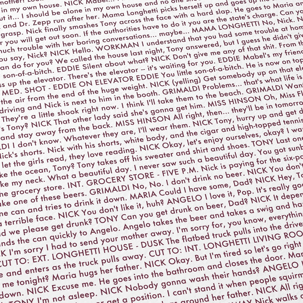 A close-up of printed text on a page, part of the screenplay for A Woman Under the Influence.