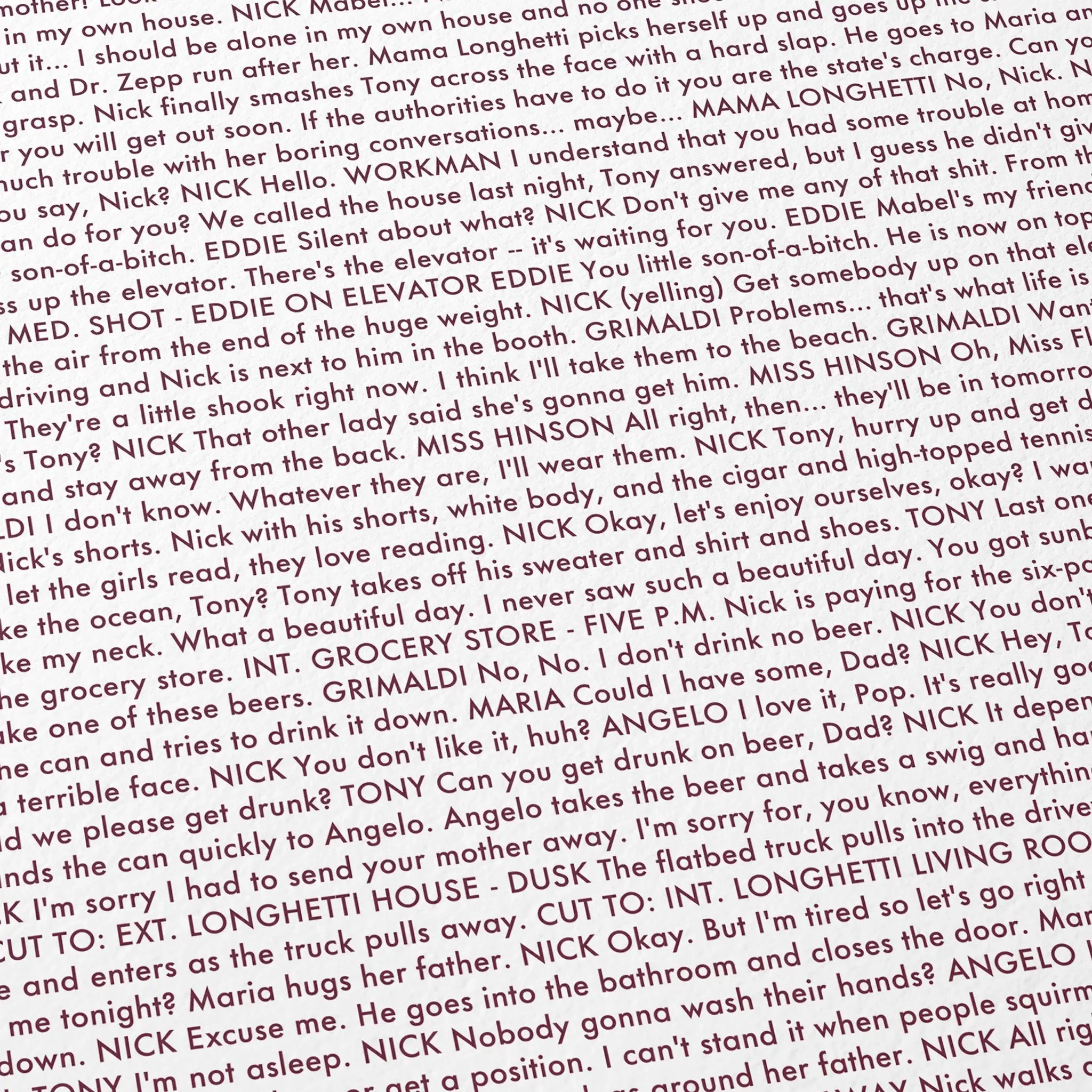 A close-up of printed text on a page, part of the screenplay for A Woman Under the Influence.