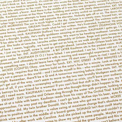 Close-up detail of the Adaptation movie script poster showing dense typographic text.