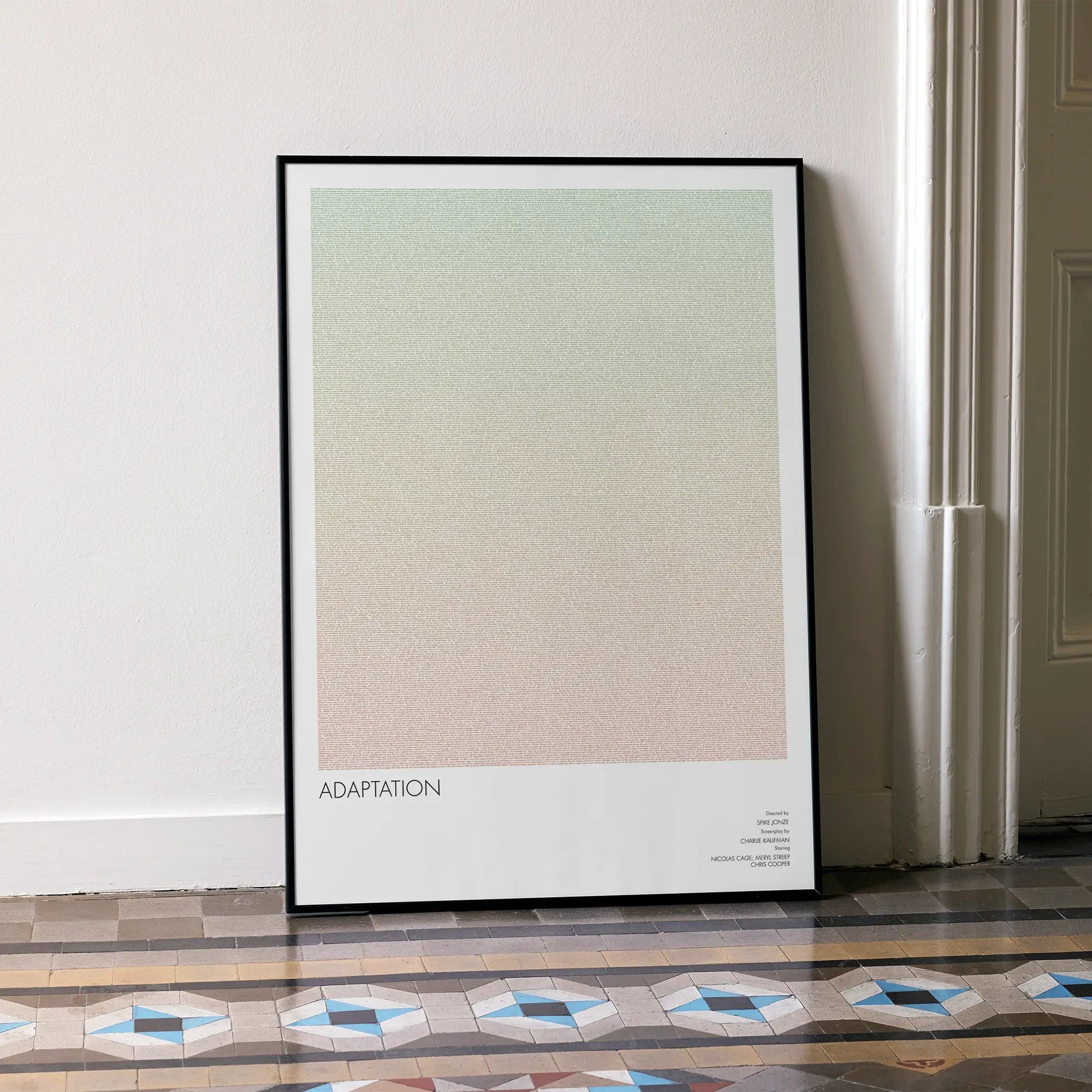 A framed Adaptation movie script poster leaning against a wall in a minimalist interior.