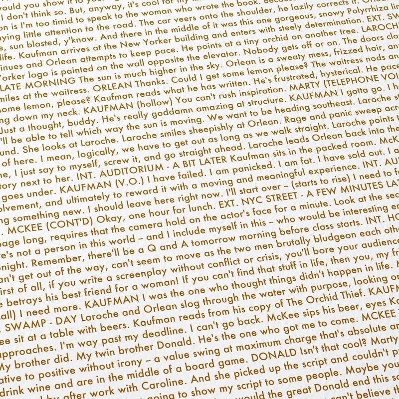Close-up detail of the Adaptation. movie script poster showing dense typographic text.