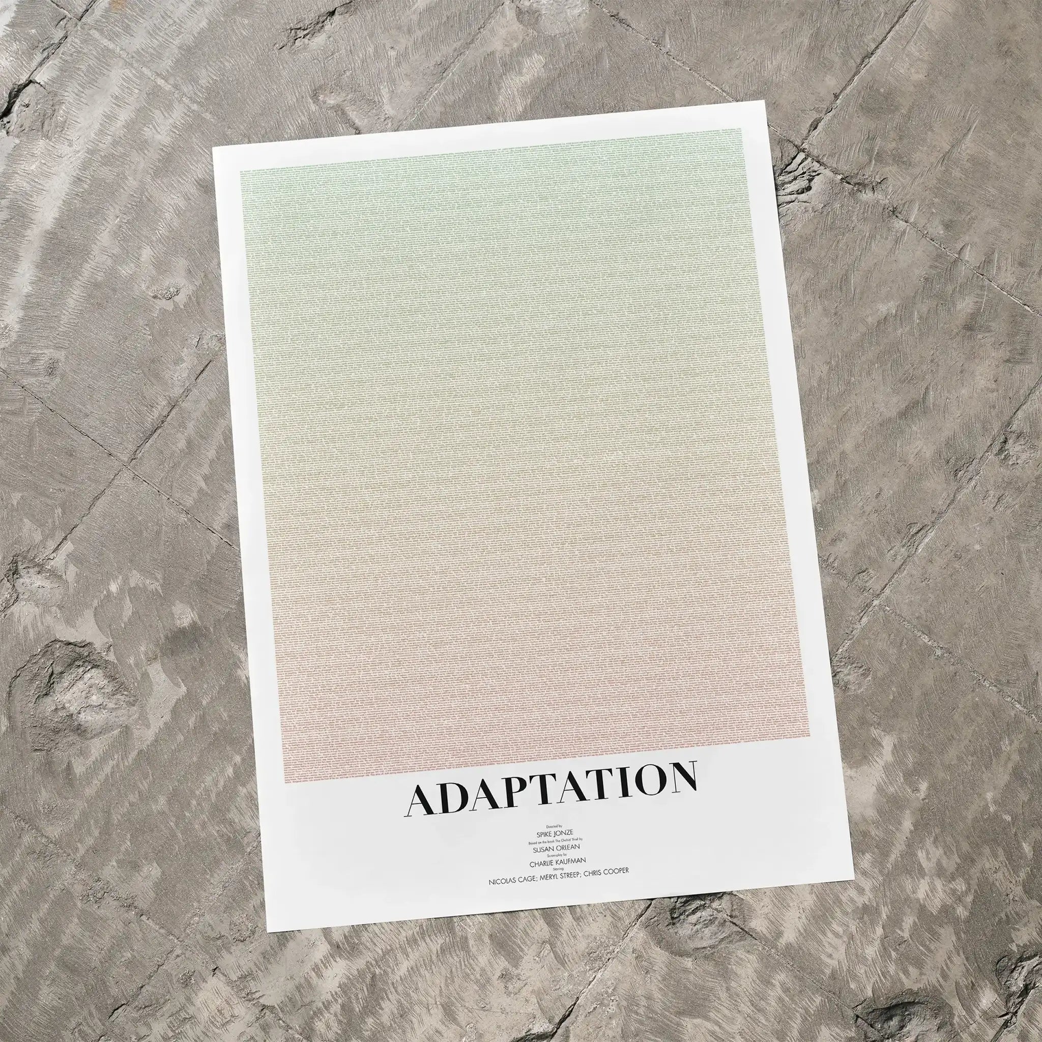 A Adaptation. movie script poster laid flat on a textured floor surface.