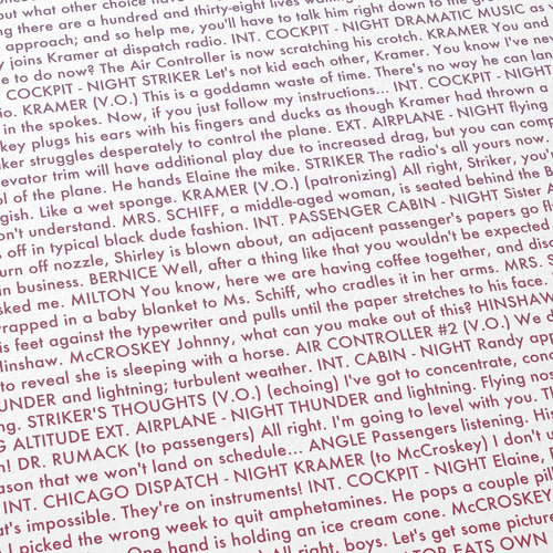 Close-up detail of the Airplane movie script poster showing dense typographic text.